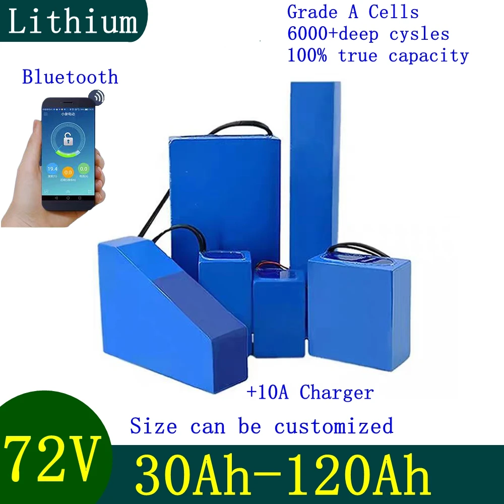 

40 Ач 50 Ач 60 Ач 70 Ач 80 Ач 100 Ач 72 В литий-ионный аккумулятор с Bluetooth BMS для скутера 5000 Вт, мотоцикла, вилочного погрузчика, крана, грузовика