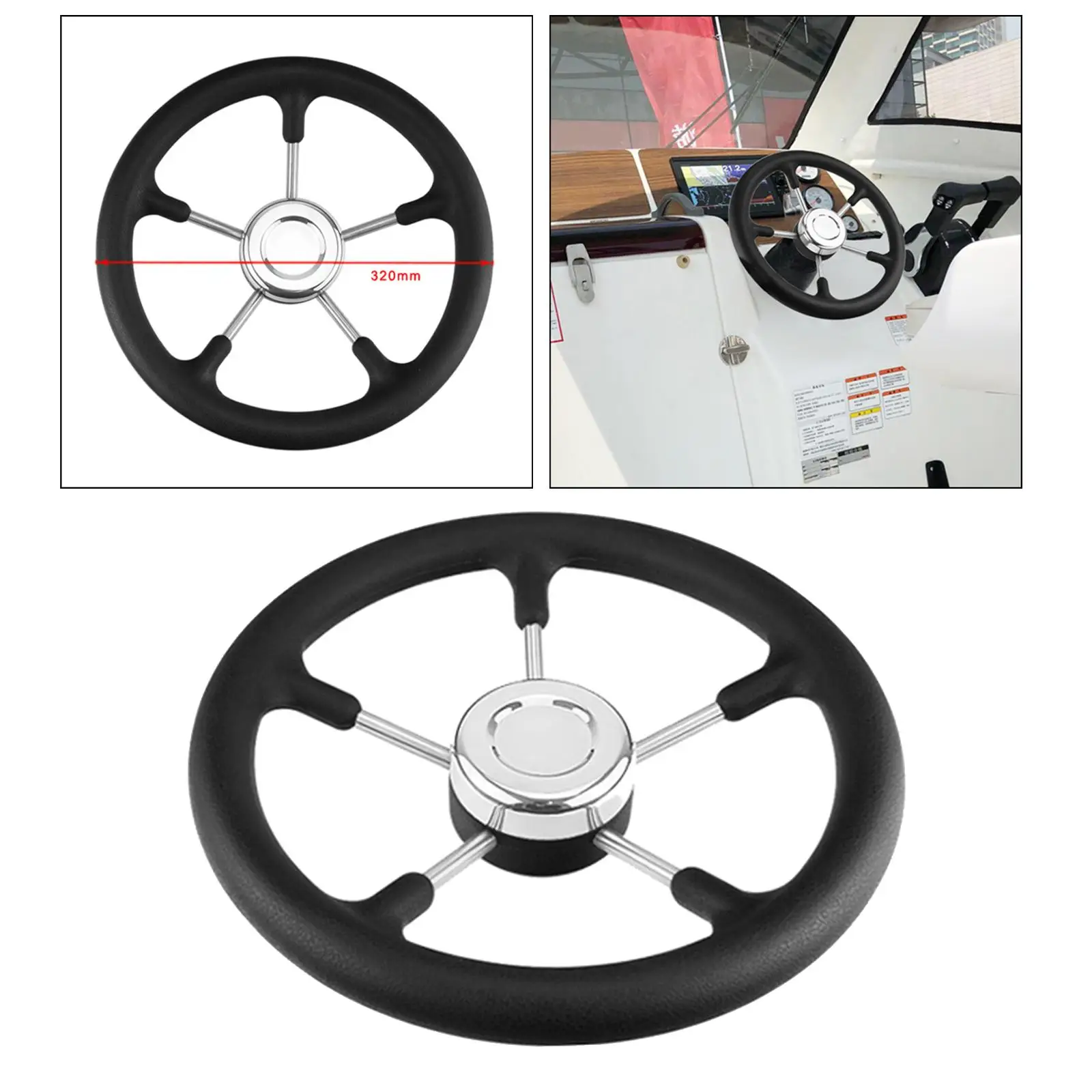 Marine 320mm 12.6 inch Boat Steering Wheel 3/4' Shaft Vessels Yacht 15 Degree Dish Polyurethane