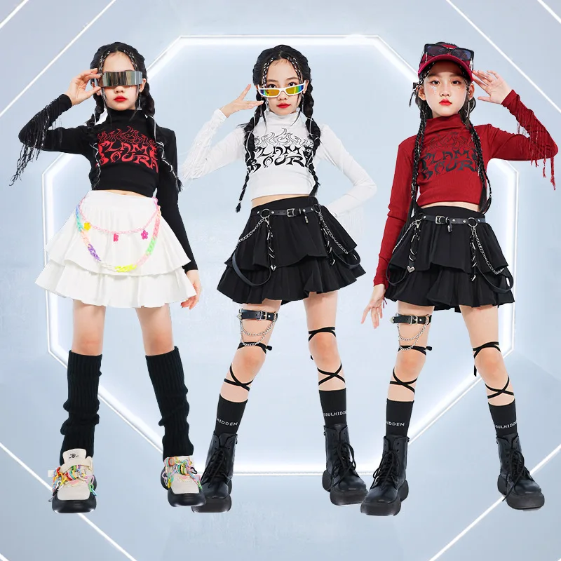Children Kpop Jazz Dance Stage Costume Girls Hip Hop Modern Dancewear Kids Fashion Jazz Clothing Crop Tops Cake Skirt Blac