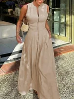 UOOZEE Office Lady Commute Pleated A-line Dress 2026 New Summer Fashion Solid Color Sleeveless Zipper Evening Maxi Dresses - Image 3