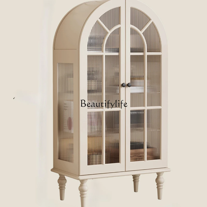 

French Cream Style Figurine Solid Wood Display Cabinet Arched Storage Cabinet Glass White