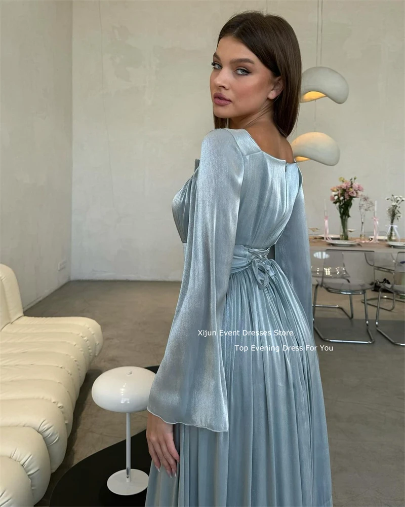 Xijun Blue Elegant Slik Chiffon Evening Dresses Long Cape Sleeves Formal Prom Dresses Mermaid Event Square Collar Prom Gowns