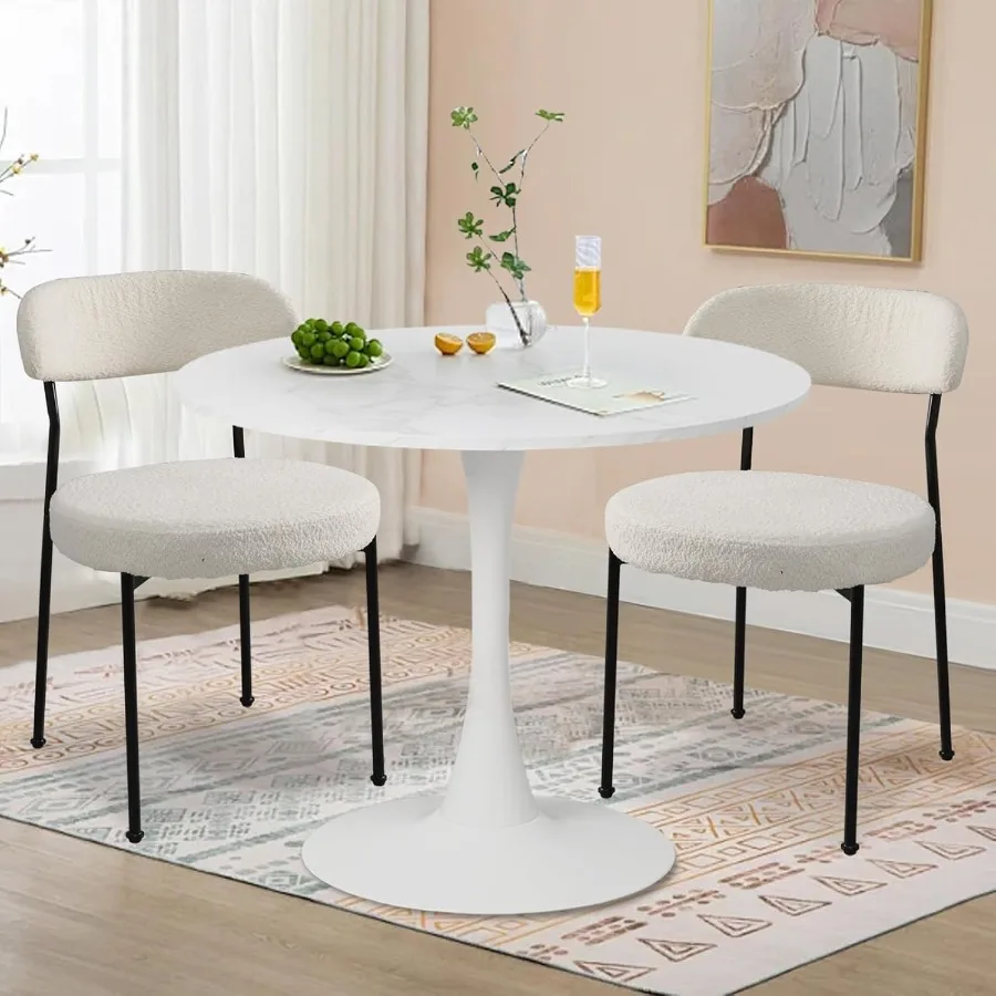 Juego de mesa de comedor y sillas de comedor 31,5 mesa redonda de chapa de mármol blanco2 sillas tapizadas boucle con patas negras para cocina D