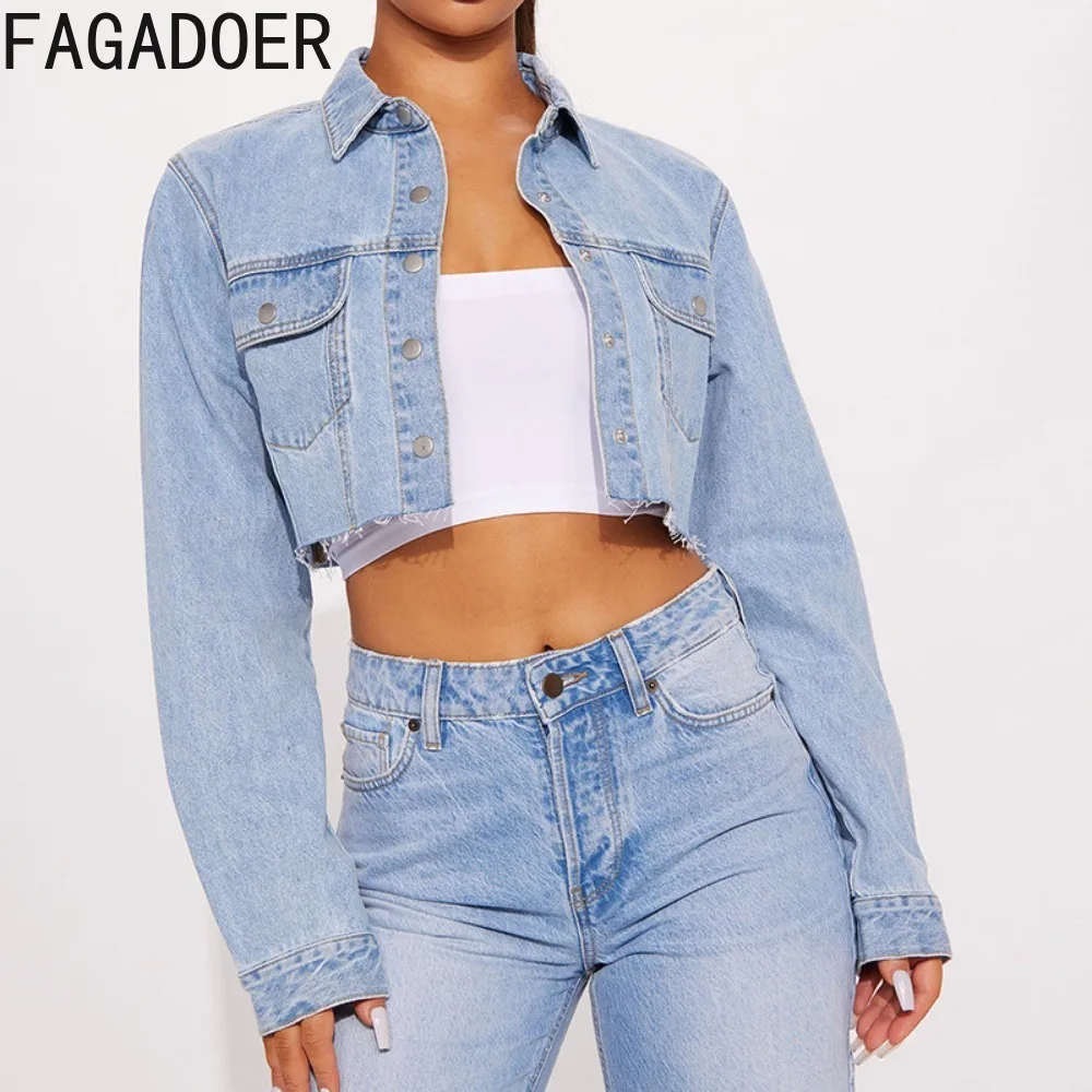 

FAGADOER Light Blue Fashion Denim Short Jacket Women Turndown Collar Button Pocket Slim Crop Top Female Solid Color Cowboy Coats