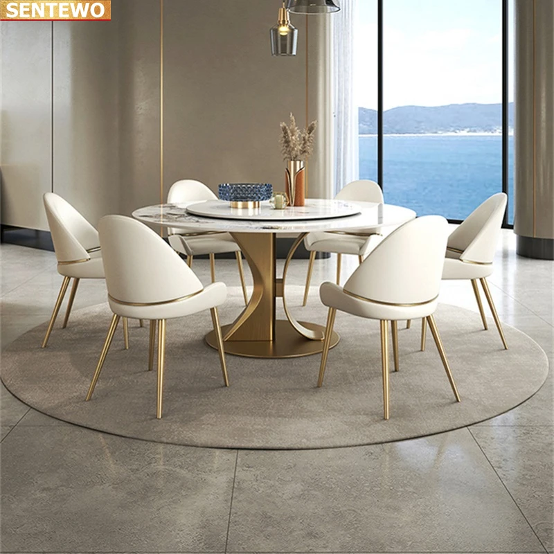 Designer Luxury round dinning Marble Rock Slab dining table set 4 chairs mesa comedor furniture meuble Stainless steel gold base