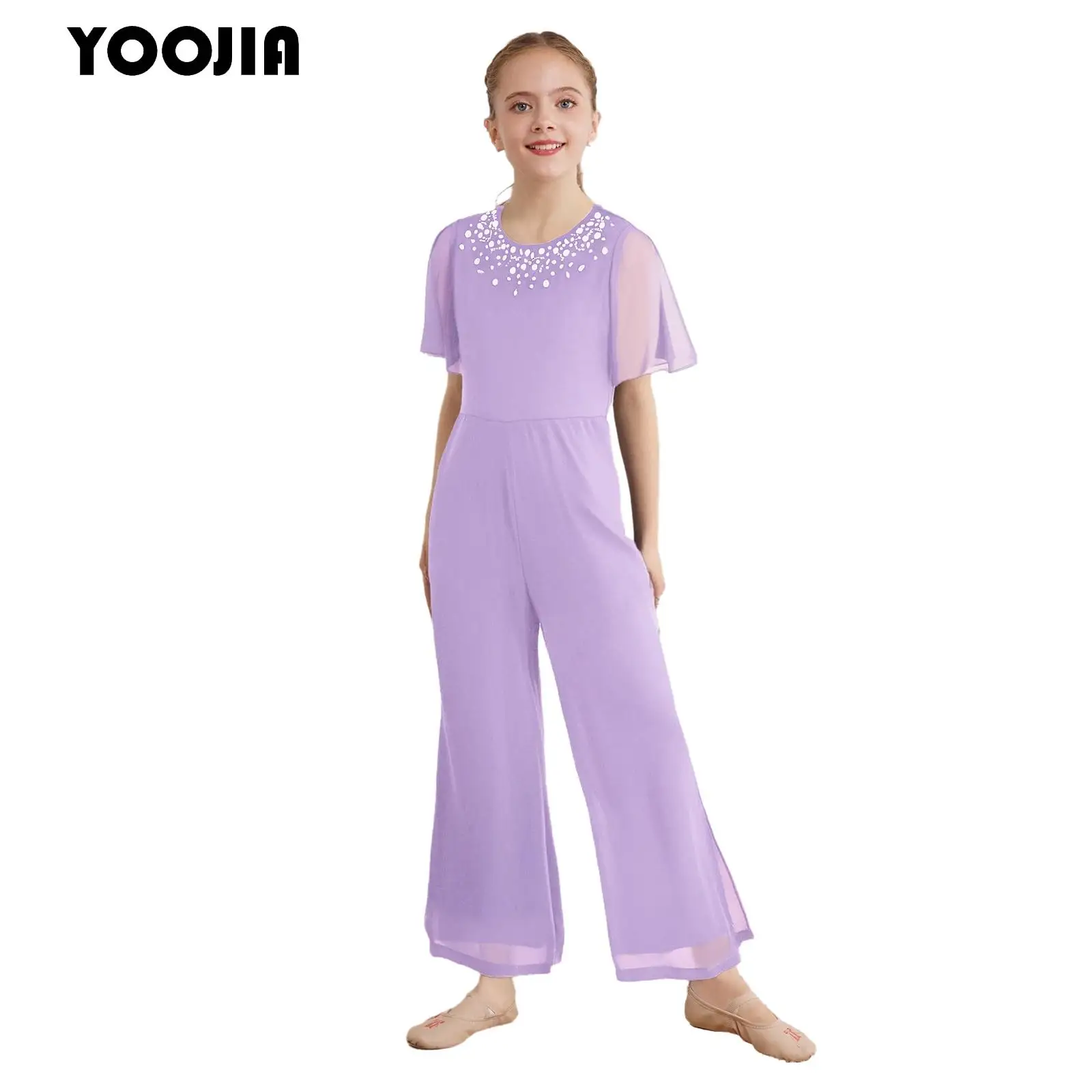 

Kids Girl Chiffon Bodysuit Rompers Rhinestone Ruffled Short Sleeve High Waist Overlay Wide Leg Pants Jumpsuit for Party Banquets