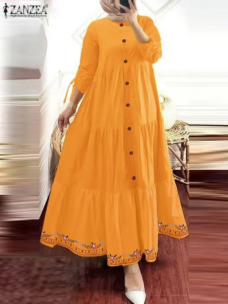 

ZANZEA Long Sleeve Elegant Vestidos Button Up Women Autumn 2024 Islamic Hijab Abaya Robe Printed Hem Muslim Tiered Maxi Dress