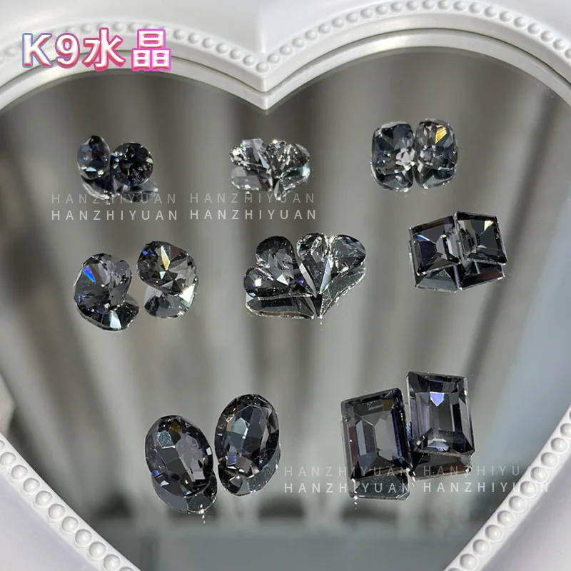 10pcs K9 Black Crystal Nail Accessories Pointed Bottom Diamond Large Crooked Heart Square Charms Rhinestones