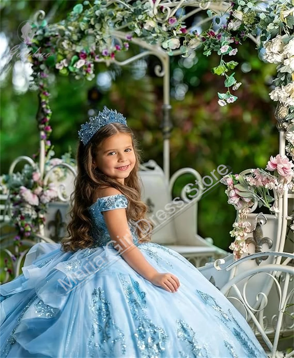 Fluffy Sky Blue Flower Girl Dress Suitable for Weddings Layered Embroidery Children's Party Dresses Suitable Events Photography