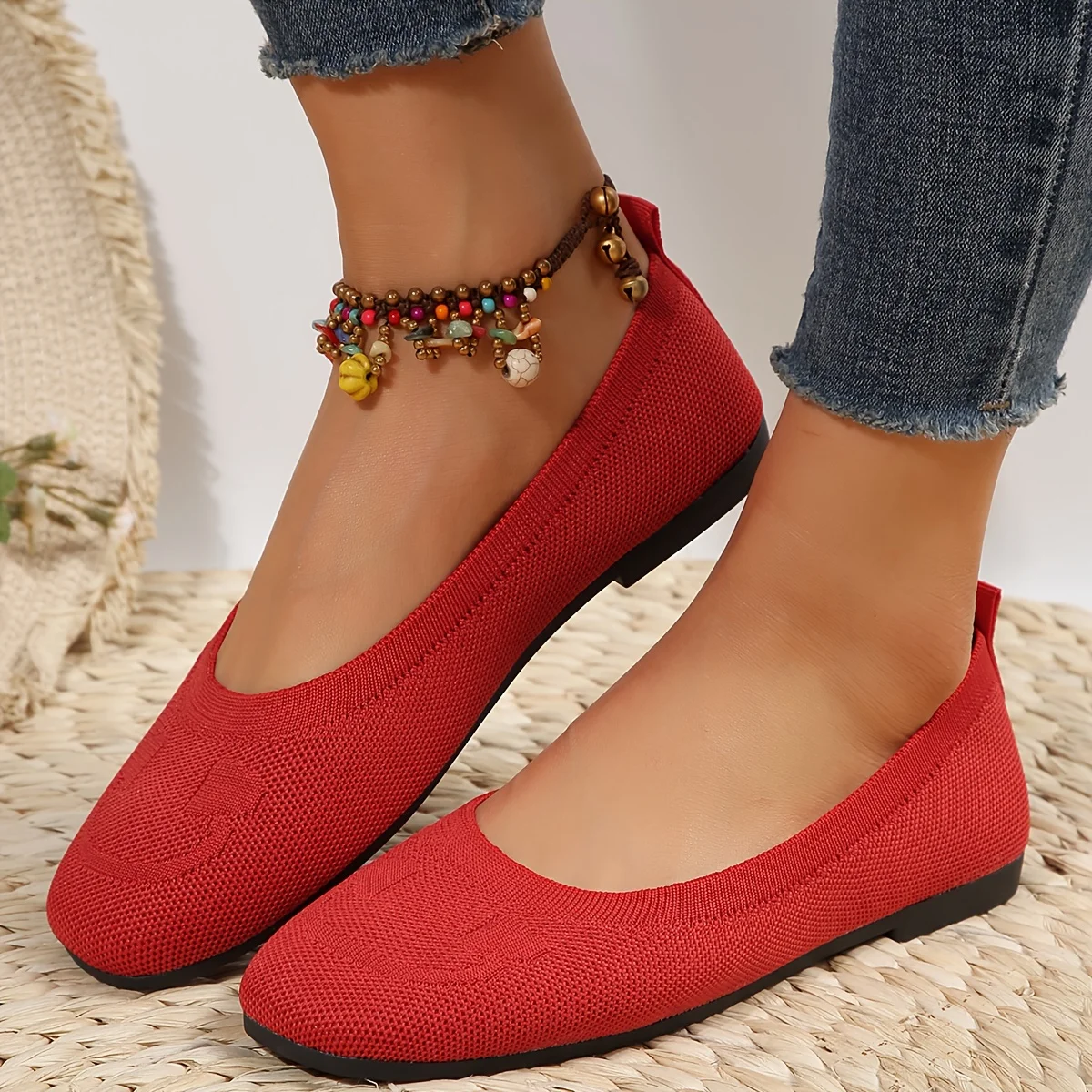 Women Flat Shoes Solid Color Knitted Slip on Shoes Casual Breathable Ballet Soft Loafers Shoes for Women Flats Zapatos De Mujer