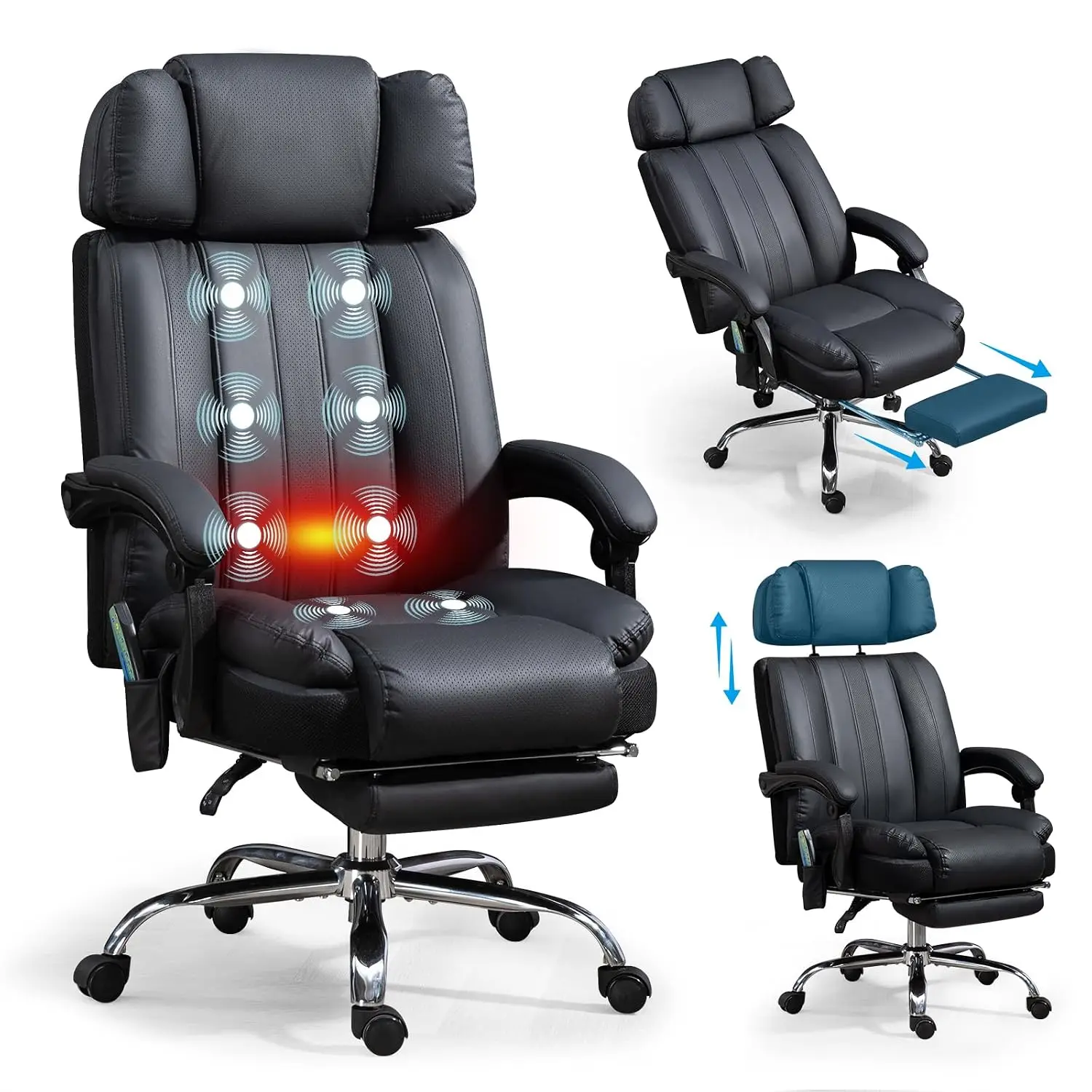 Massage Chair Heat & 8 Vibration Points Adjustable Headrest Wide Seat Footrest Padded Armrests Reclining Backrest, Customized