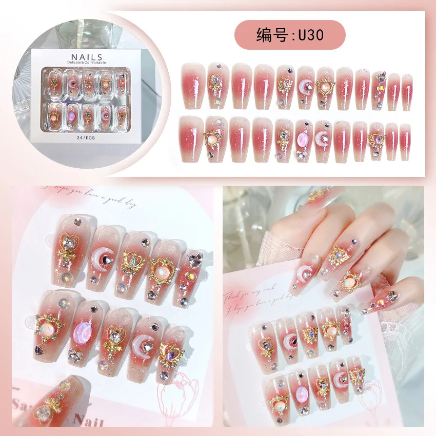 24pcs Handmade Sailor Star Moon Press on Nails Long Coffin Shiny Daimond Ballet Fingernails Full Cover Reusable Nail False Tips