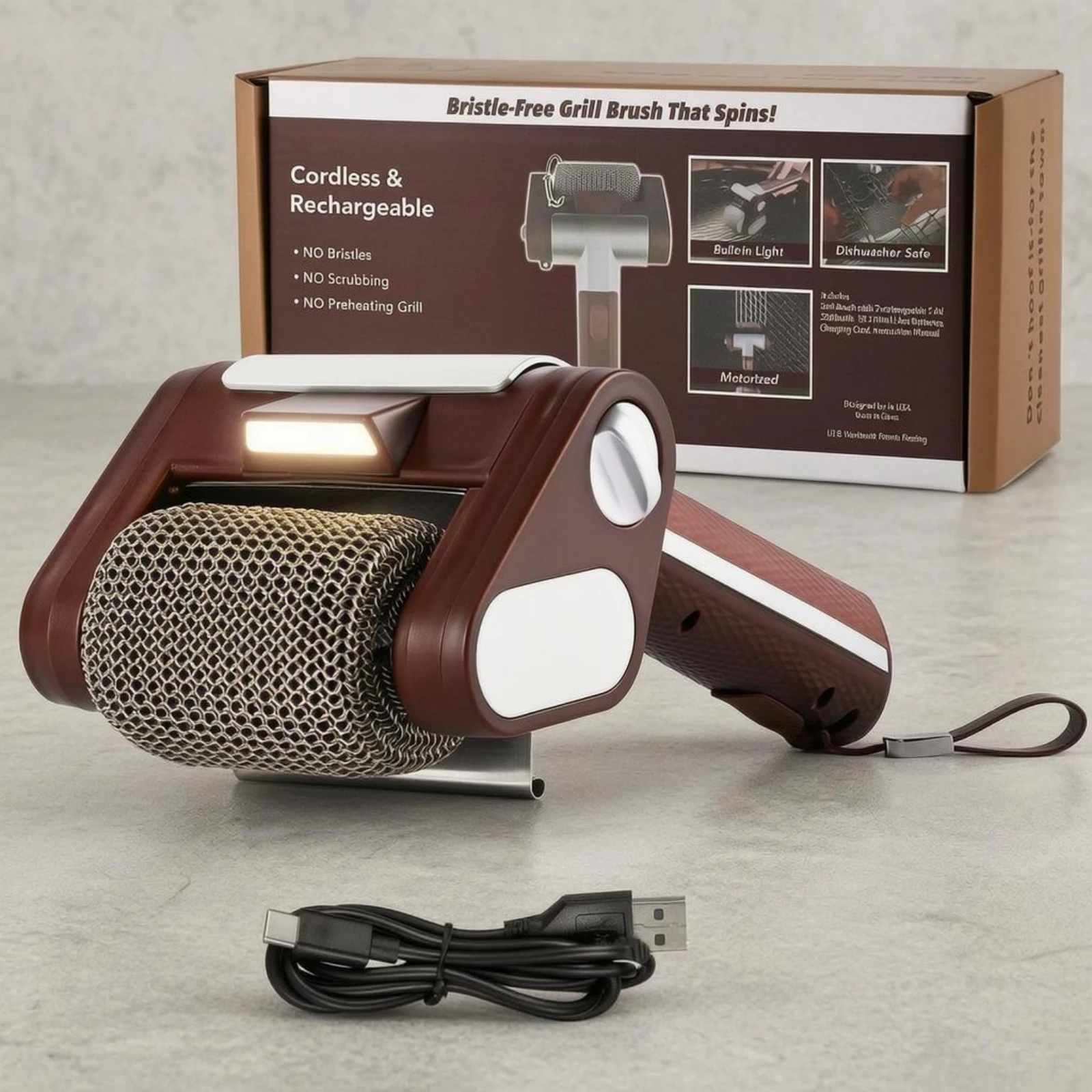 Electric Grill Brush Built-in Light Motorized Grill Brush Outdoor Cleaning Tool Bristlenon-Bristle Stainless Steel Roller
