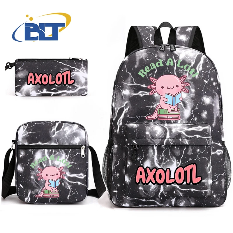 Axolotl-子供用のプリントスクールバッグセット,カジュアルなバックパック,ショルダーバッグ,鉛筆バッグ,学生へのギフト,3個