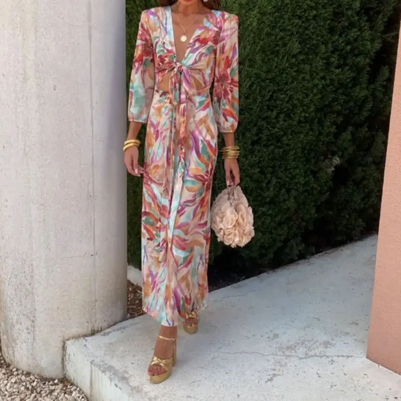 SKMY 2025 printemps femmes vêtements mode imprimé élégant longues robes Sexy à lacets évider col en v à manches longues robes de soirée