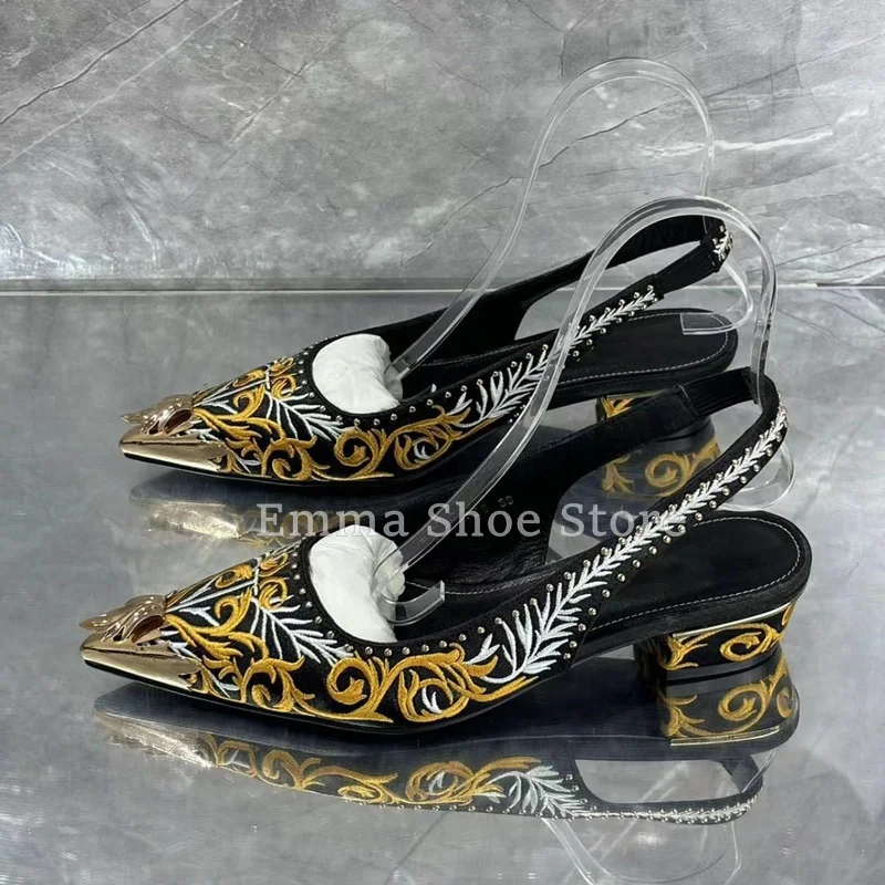

Summer Sexy Pointed Toe Embroidered Dress Shoes 2025 Trendy Low Heel Back Trip Strap Women's Sandals Party Formal Flat Pumps
