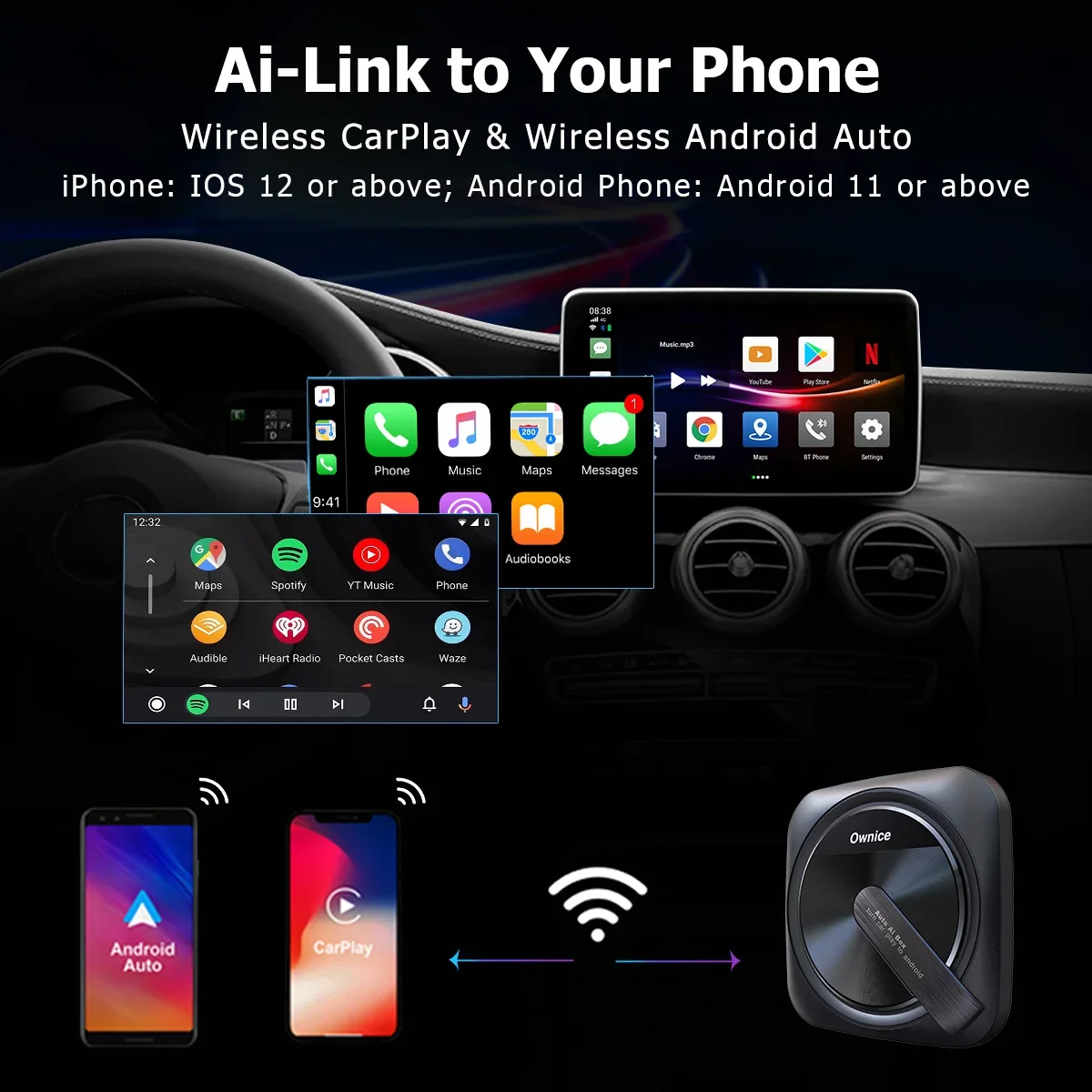 Wireless Carplay Adapter with Android Auto Adding Netflix Spotify Youtube ipTV No Need Installation for Toyota Nissan Mazda VW