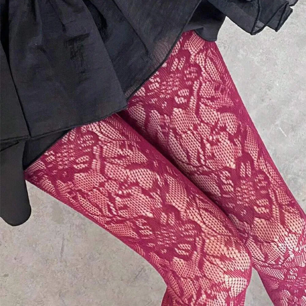 Women Sexy Fishnet Stockings Thin Flower Embroidery Mesh Hollow Out Silk Stockings Cool Girls Colored Hipster Harajuku Pantyhose