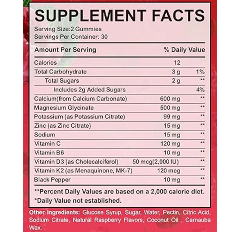 Calcium, Magnesium, and Zinc Gummies Contain Potassium, Vitamins C, B6, D3, and K2- Multiple Vitamin Supplements -60 Capsules