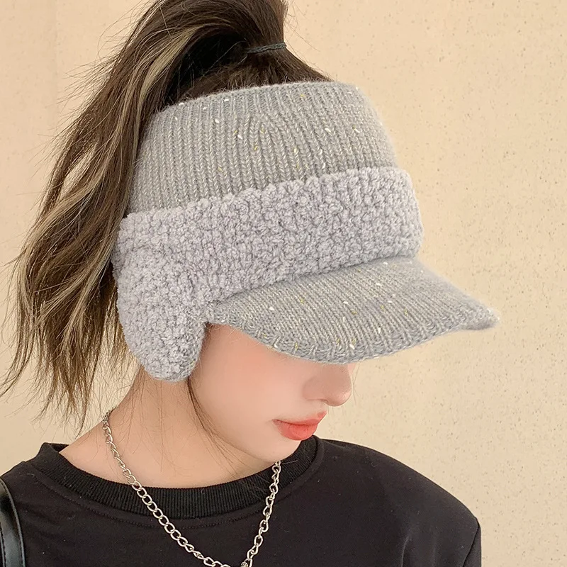 Autumn Winter Warm Baseball Caps Women Cycling Knitted Ear Protection Cap Empty Top Earmuffs Woolen Hat