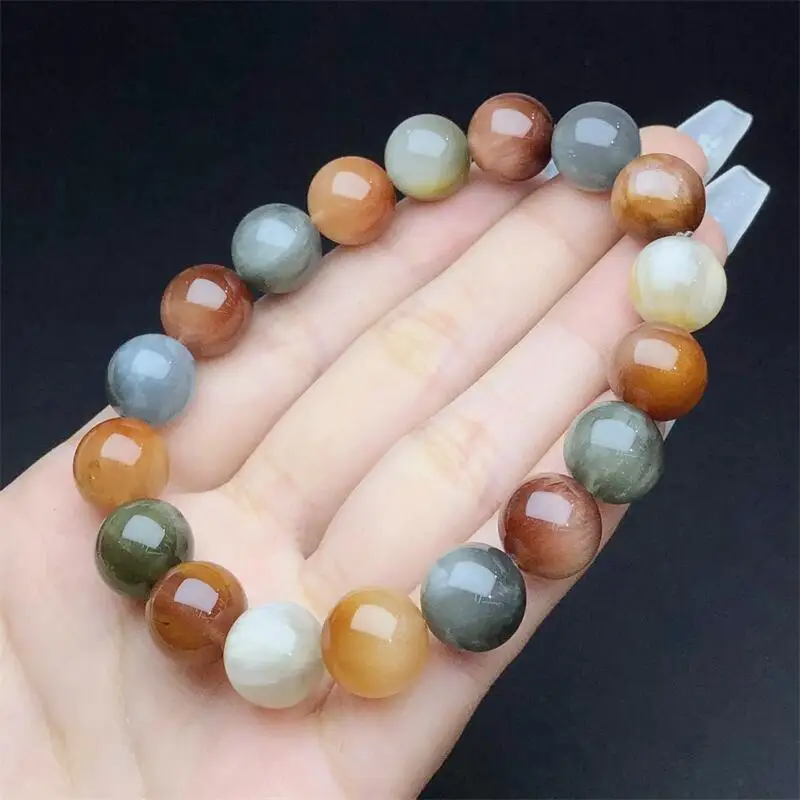 11MM Natural Colored Rabbit Hair Quartz Bracelet Fashion Reiki Gemstone Round Beads Jewelry Couple Holiday Gift 1PCS