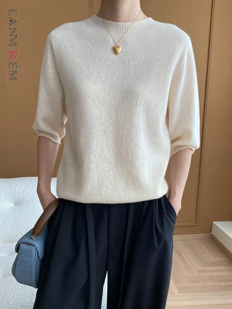 [LANMREM] Minimalism Knitting Pullover Sweater For Wormn Solid Round Neck Three Quarter Fit Female Top 2024 Autumn New 26C134