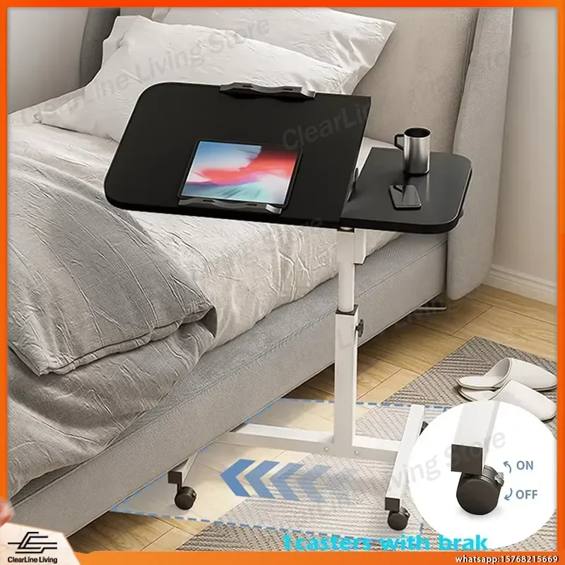 Adjustable Overbed Table with Wheels Height Adjustable Bedside Desk for Laptop Desktop 2 Tilting Surfaces Mobile Nursing
