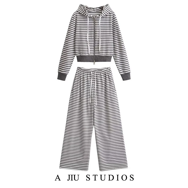 

Color Blo Striped Fce Zipper Hooded Open Cardigan Loose Wide Leg Casual Pants Dstring Elastic Waist Spring Faion Set