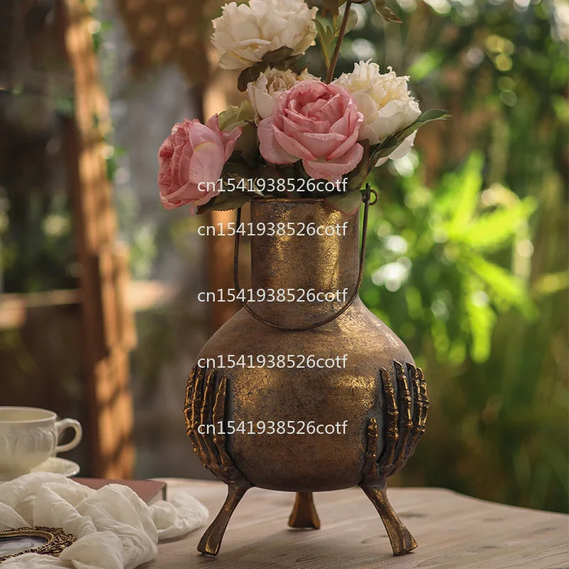 Desktop Vintage Vase Ornament Living Room Distressed Flower Arranger Pastoral Style Iron Art Photography Prop