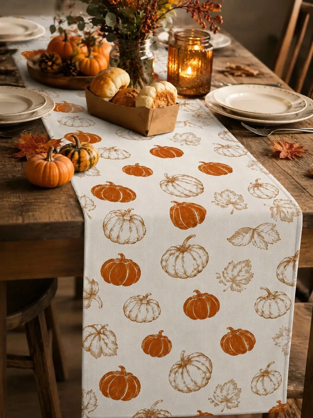 1pc Thanksgiving Table Runner Linen Material Vintage Pumpkin Leaf Print Multi Size Fall Home Decor Tabletop Ornament Kitchen Liv