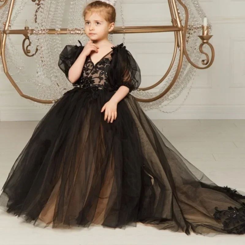 Black Flower Girl Dresses Tulle Appliques Bow Tailing senza maniche Kids Girls Wedding Birthday Party prima comunione Holiday Gown