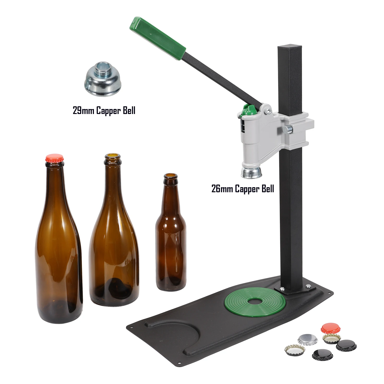 Bottle Capper Bench Adjustable Height Large Free-Standing Base One Hand Operation Heavy Gauge Construction Metal Capping Head