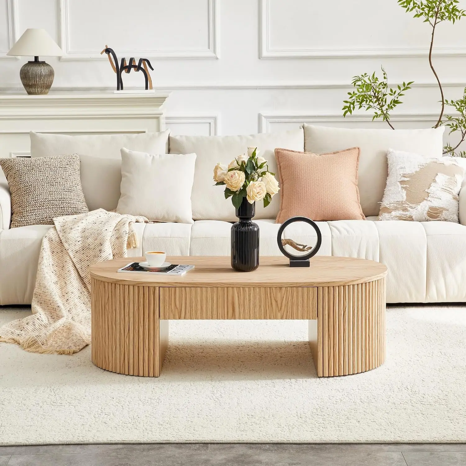 Oval Fluted Wood Coffee Table with Storage Drawer 47.5