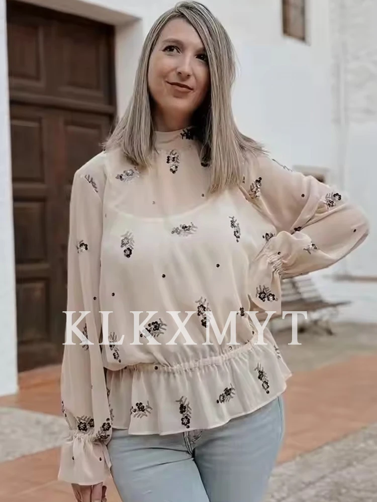 Camisa translúcida para mujer, moda de otoño 2025, camisa de manga larga con decoración de lentejuelas de Color sólido, camisa elegante de ocio para mujer