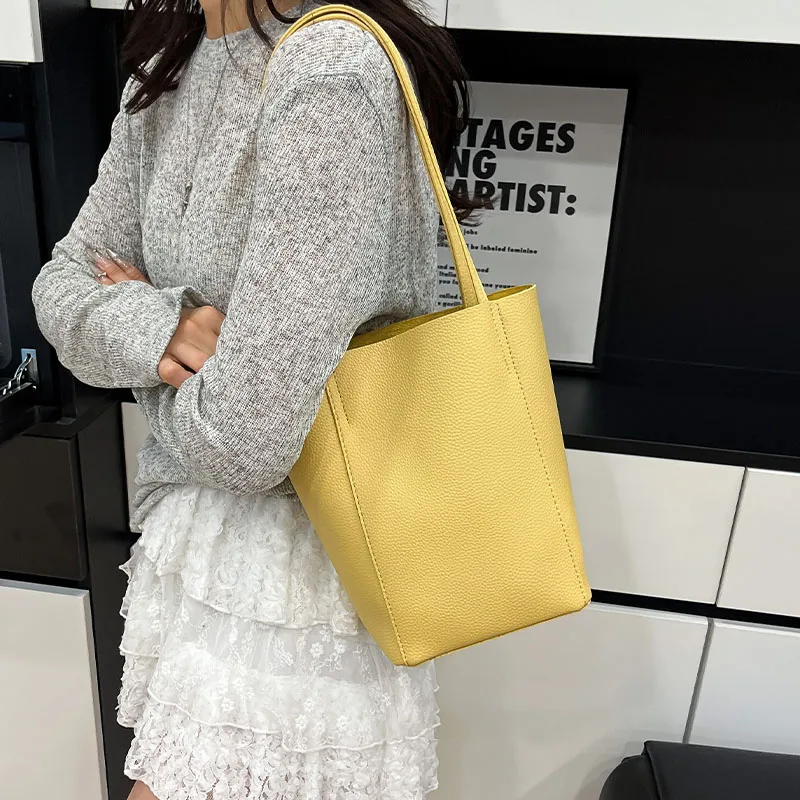 

High End Simple Solid Color Bucket Bags Women's Fashion Temperament PU Leather Shoulder Bag Chic Versatile Commuting Handbags