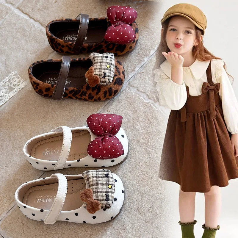 Girls Bow Leopard Princess Shoes Spring and Summer New Children's Fashion Joker Mary Jane Shoes.