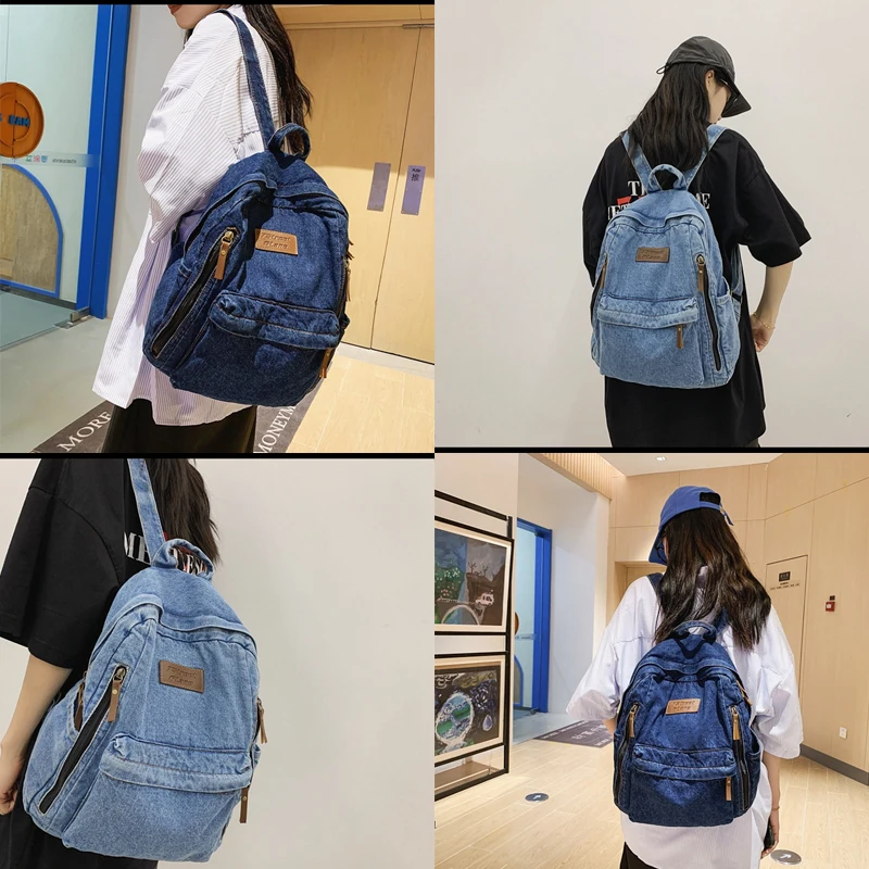 School Trend Student Jeans Bag Denim Fashion Backpacks Multi Pockets Large Capacity Rucksack Mochila De Escola Feminina