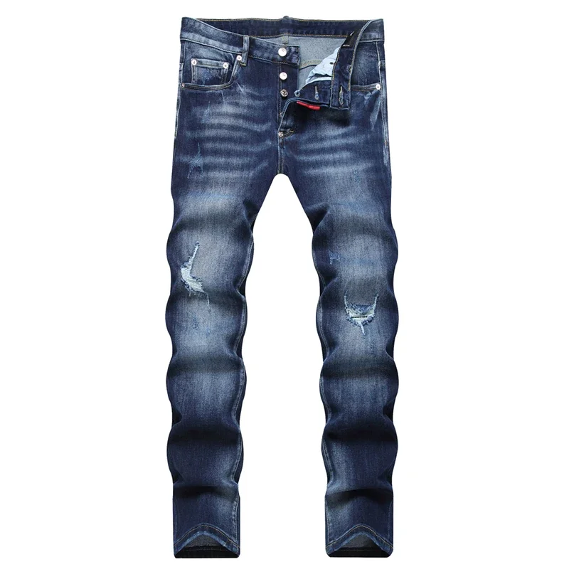 fashion design DSQ Men Jeans D2 Biker Moto Designer Patchwork Slim hole Denim Pants Male Trousers button dsq2 blue JEANS 1083