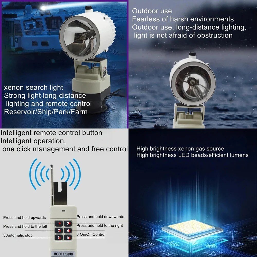 220V Marine Rotating Searchlight Waterproof Outdoor Long-Range LED Floodlight for Docks & Reservoirs Prison Lighting