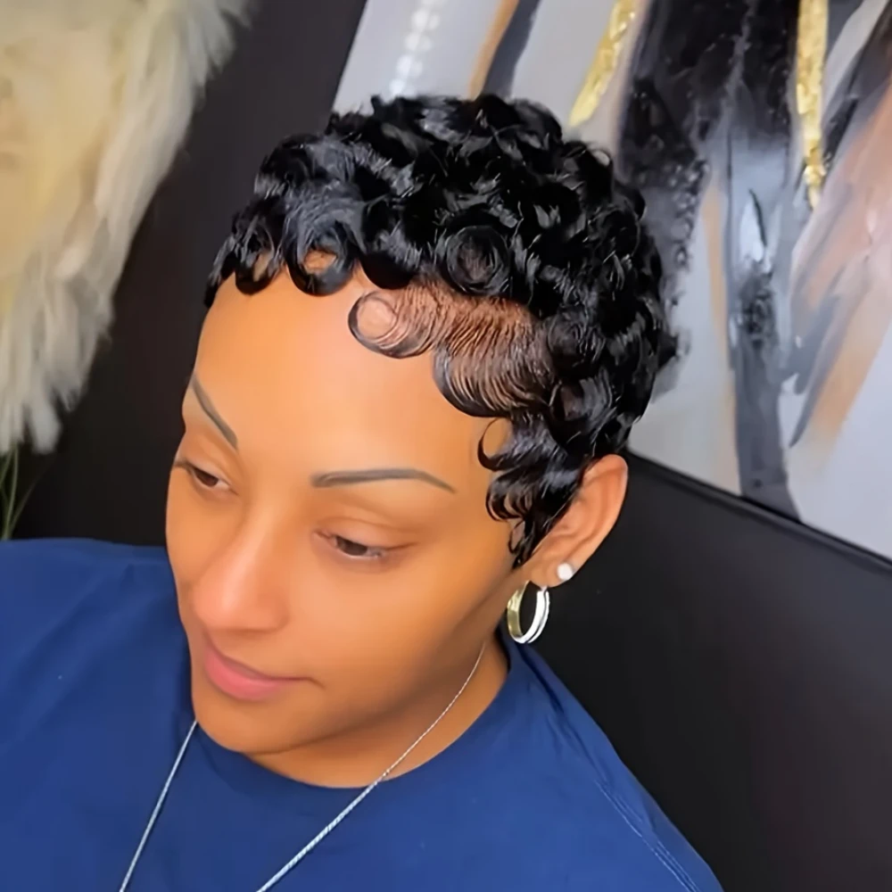 Pixie Cut Wig Short Curly Wave Human Hair Wigs For Women Full Machine Made Wig 150% Density 6 Inch