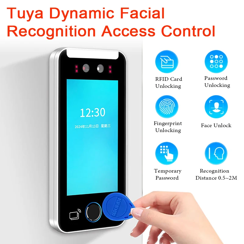 Tuya APP WIFI AI بطاقة البيومترية الديناميكية بصمة التعرف على الوجه الحضور آلة التحكم في الوصول 5 بوصة 1080P HD شاشة