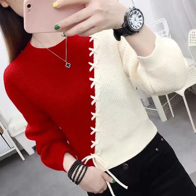 Autumn Winter Fashion Trend Lace Up Spliced Round Neck Sweaters Women\'s Clothing Korean Long Sleeve Contrast Color Knitted Tops