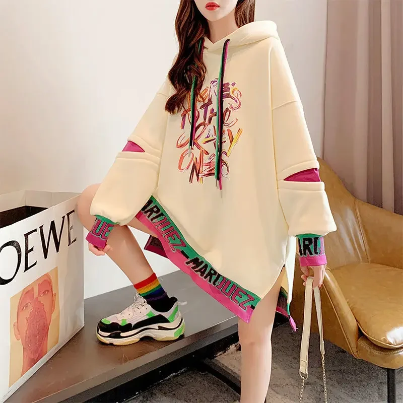 Long Sleeved Loose Mid Length Hoodie Women's Autumnwinter New Hooded Print Patchwork with Contrasting Colorscasual Versatile