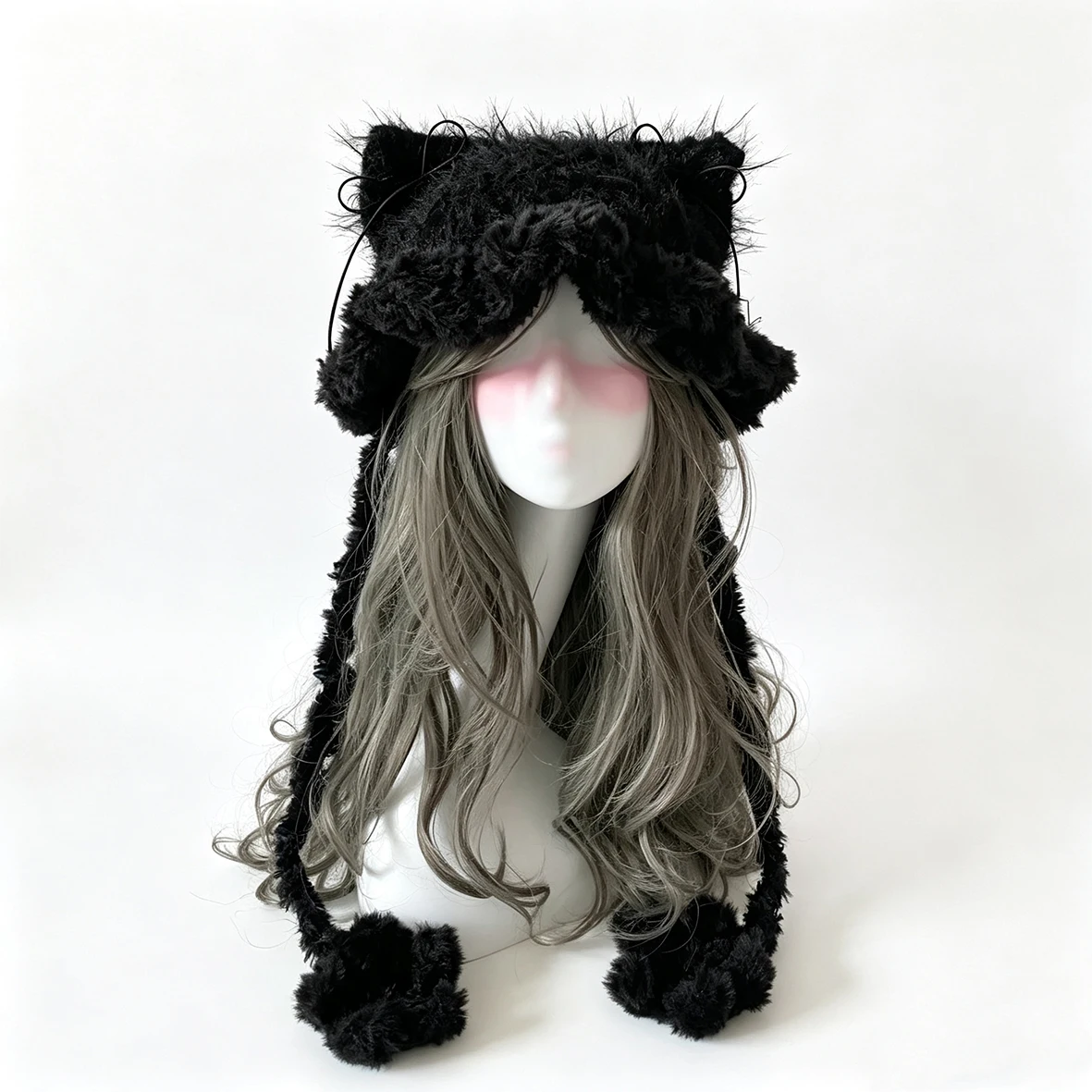 Custom Handmade Crochet Black Cat Ear Fuzzy Hat Men Winter Paw Knit Beanie Women Goth Goblincore Kawaii Casual Warm Headwarmer
