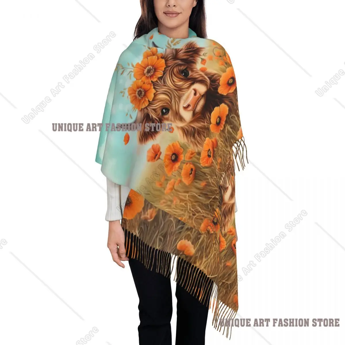 

Custom Highland Cow With Flowers Tassel Scarf Women Soft Shawls Wraps Lady Winter Scarves