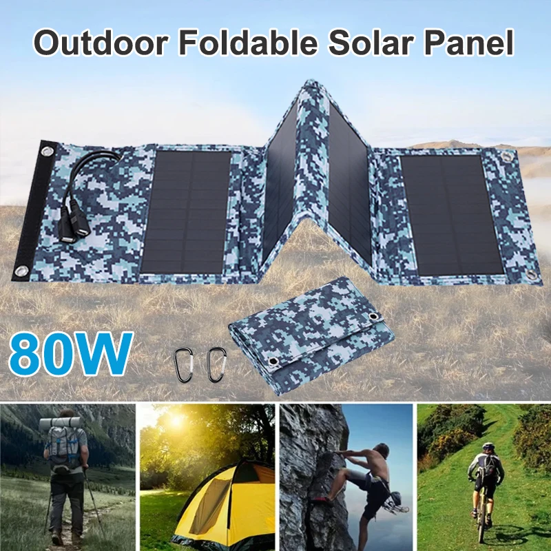 

80W Foldable Solar Panel 5V Dual USB Portable Folding Bag Battery Charger for Cell Phone Outdoor Camping Waterproof Power Bank