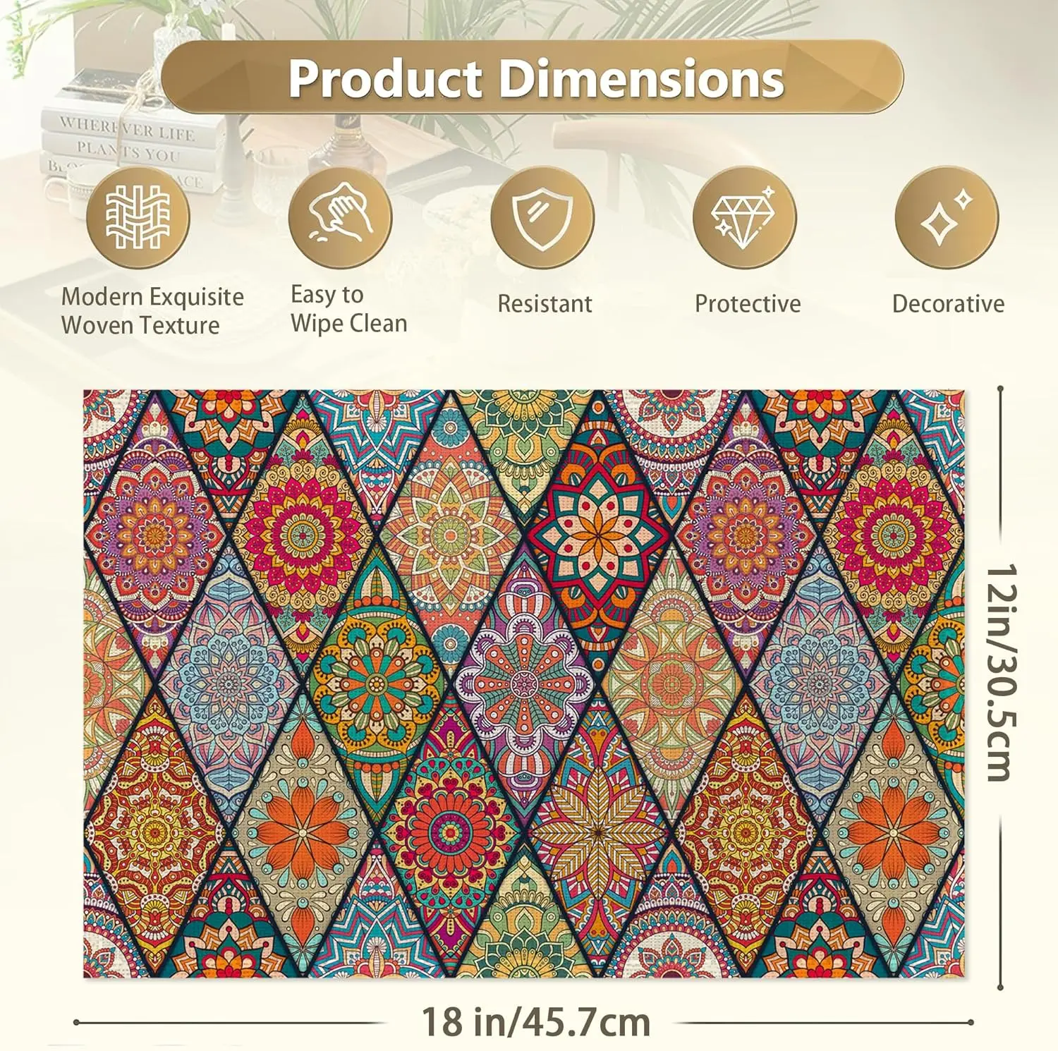 مجموعة من 6 مفارش بوهيمية ملونة قابلة للغسل وغير قابلة للانزلاق ومقاومة للحرارة وسميكة من الكتان المزخرف لطاولة الطعام والمنزل