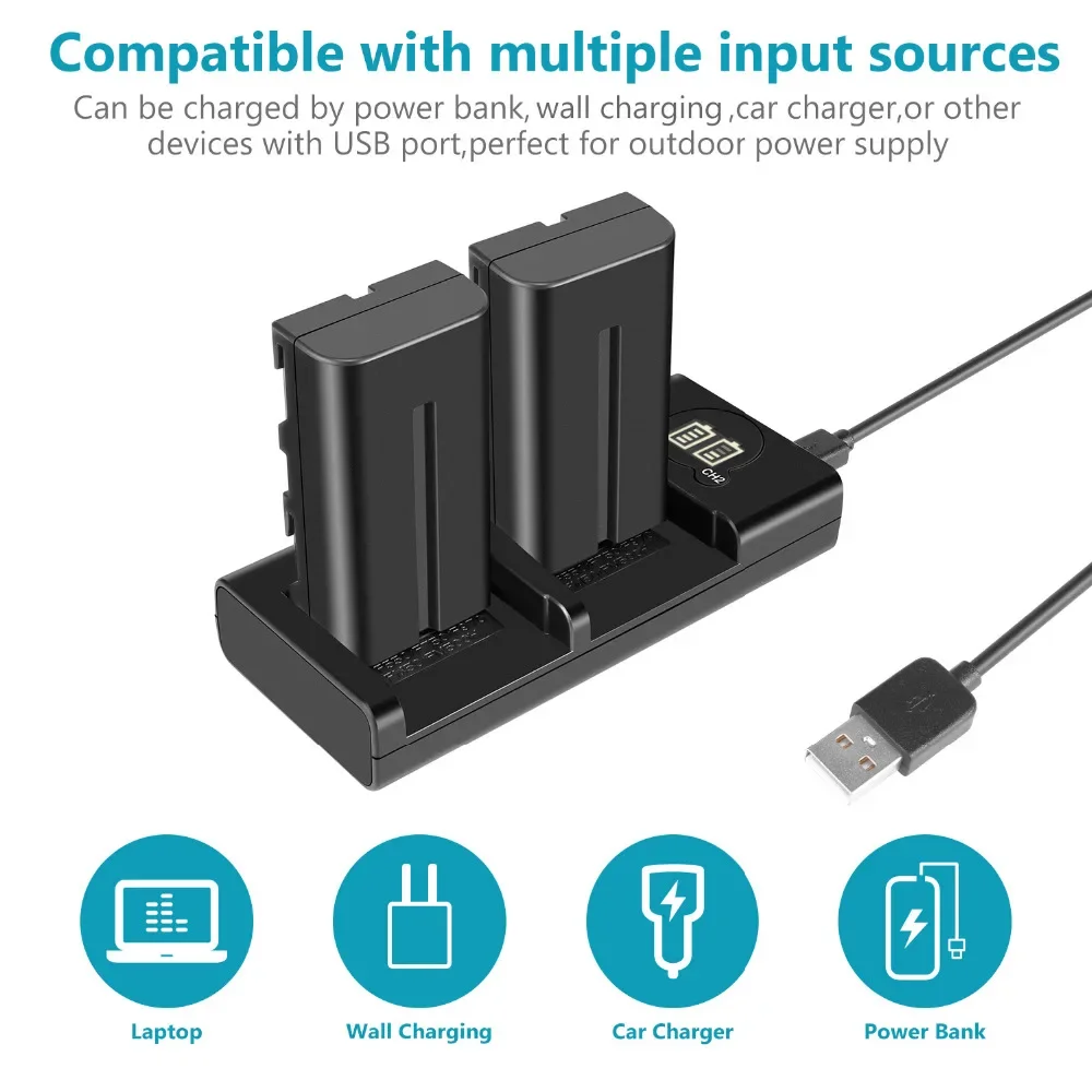 Neewer NP-F550 مجموعة شاحن البطارية ل NP-F970 F750 F960 F530 F570 CCD-SC55 TR516 TR716 والمزيد 2-Pack 2600 استبدال