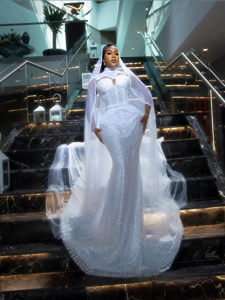 Personalizado árabe gola alta brilhante pérolas contas vestido de noiva vestidos de casamento mangas compridas vestido de casamento de luxo