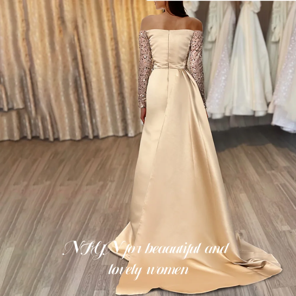 NFYN Shining Full Sleeves Gold Party Dress Side Split Prom Dress Off the Shoulder Sequin Evening Dress Stain Mermaid Customized image 3